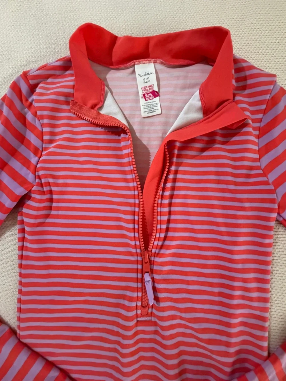 Mini Boden Kids Long-Sleeve Striped Rash Guard Swimsuit - Pink/purple